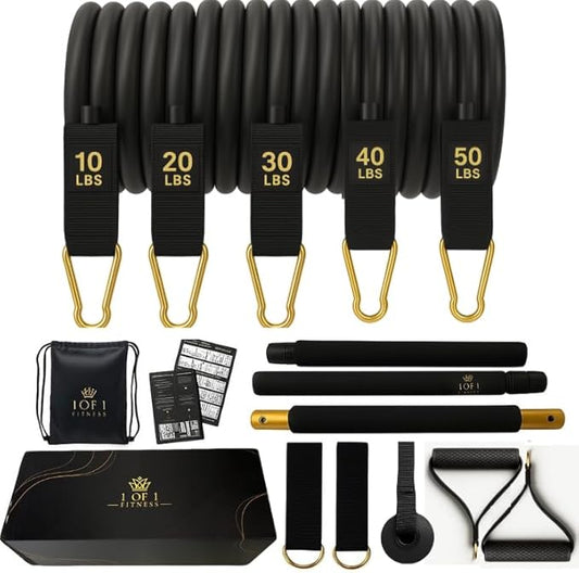 Portable Home Gym Kit with Bar – 150 lbs Resistance Bands, Handles, Ankle Straps & Door Anchor – Full Body Workout System for Home, Travel & Outdoors (10–50 lbs Each Band)