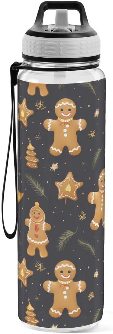ALAZA Gold Gingerbread Leaf Merry Christmas Sports Water Bottle with Straw Tritan Drink Bottle 32 oz BPA Free Reusable for Travel Outdoor Fitness