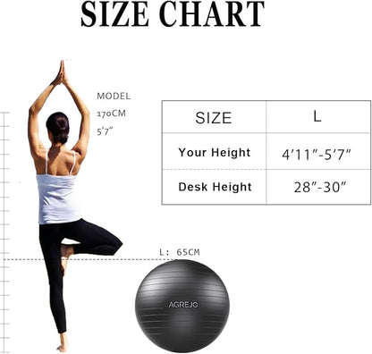 Yoga Ball, Exercise Ball for Working Out, Anti-Burst and Slip Resistant for Physical Therapy, Birthing, Stretching, Flexible Seating, Home Gym, with Pump (L: 23-26ines/58-65cm)
