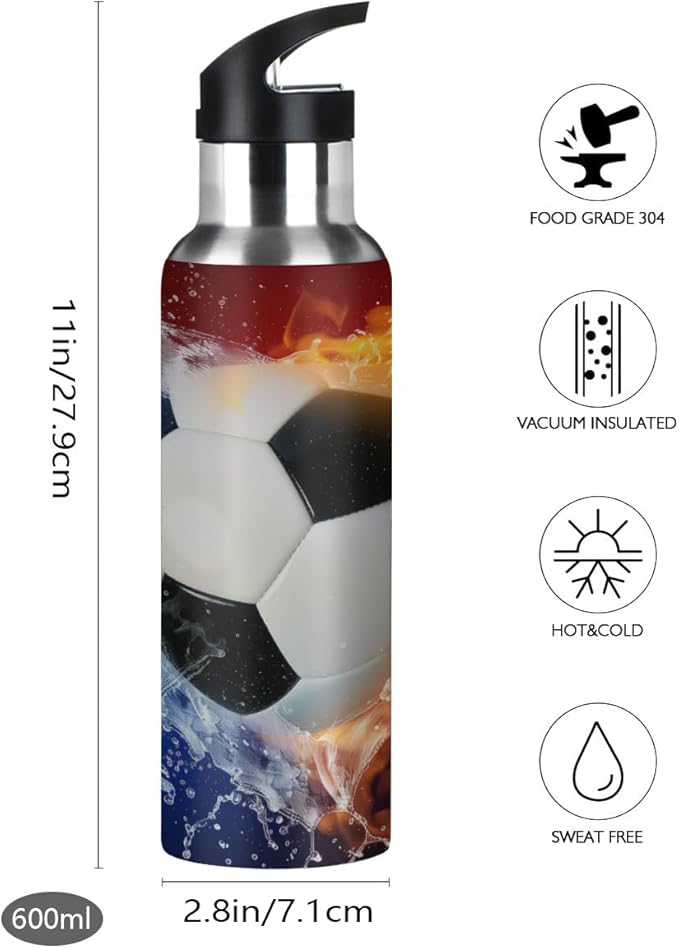 Space Fire Water Soccer Water Bottle Vacuum Insulated Stainless Steel Mug Kids Water Bottle with Straw and Handle Keep Hot Cold Sport Bike Fit Travel Outdoor 20 oz