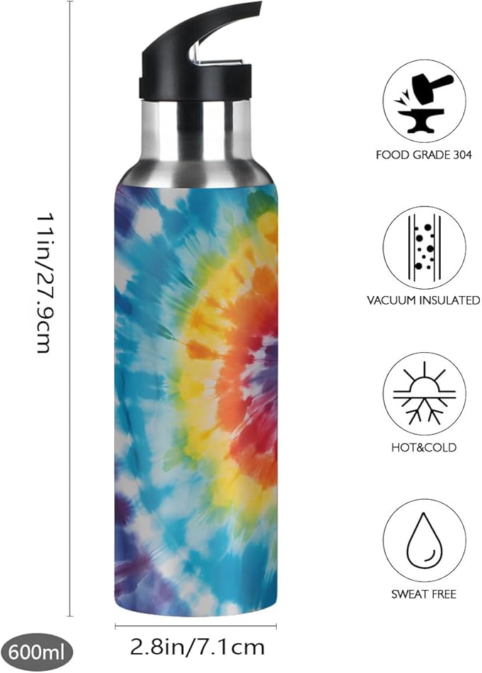 Retro Abstract Swirl Tie Dye Water Bottle Vacuum Insulated Stainless Steel Mug Kids Water Bottle with Straw and Handle Keep Hot Cold Sport Bike Fit Travel Outdoor 20 oz