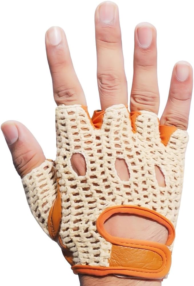 Real Soft Leather Crochet Net Fingerless Driving Weight Training Cycling Wheelchair Gloves W-1037
