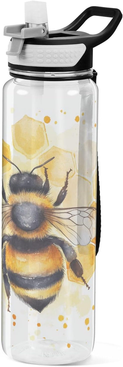 Fustylead Watercolor Honeybee on Honeycomb 32oz Water Bottle with Straw, Leakproof Clear Sport Water Bottles for Gym Camping Hiking Travel