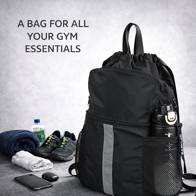 PPZ Drawstring Sports Backpack with Side Mesh Pockets, Lightweight Gym & Travel Bag with Water Bottle Holders for Fitness, Outdoor Activities and Daily Use – Black with White Stripe