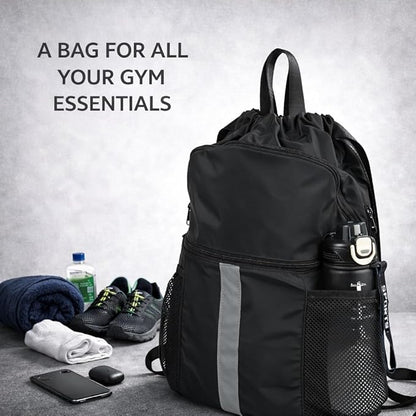 PPZ Drawstring Sports Backpack with Side Mesh Pockets, Lightweight Gym & Travel Bag with Water Bottle Holders for Fitness, Outdoor Activities and Daily Use – Black with White Stripe