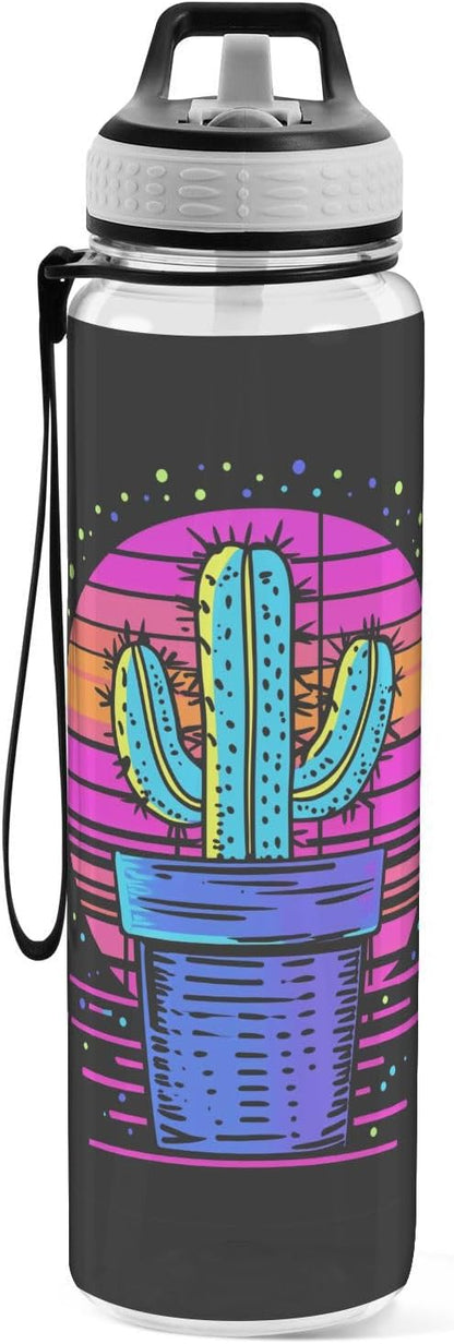 Fustylead Neon Color Cactus Design 32 oz Tritan Water Bottle with Straw, Leakproof and BPA-Free Sport Water Bottle for Fitness, Gym & Outdoor