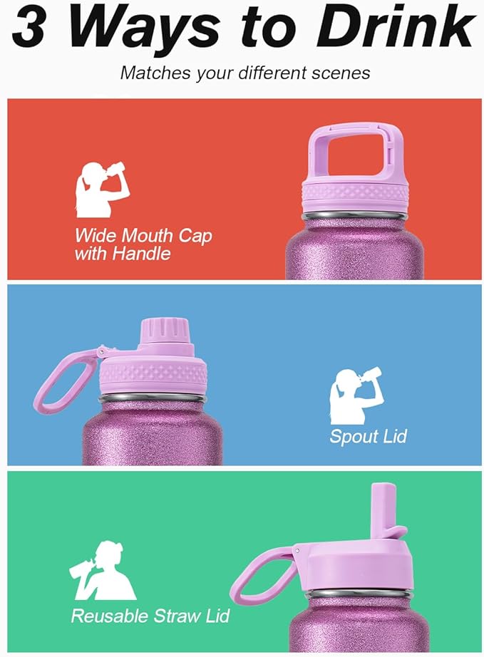 Coolflask Water Bottle 24 oz Insulated with Straw, Stainless Steel Metal 3 Lids Water Flask Wide Mouth for Sports or Office, Non-BPA Keep Cold Up to 48 Hrs or Hot Up to 24 Hrs, Glitter Pink