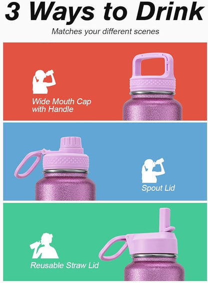 Coolflask Water Bottle 24 oz Insulated with Straw, Stainless Steel Metal 3 Lids Water Flask Wide Mouth for Sports or Office, Non-BPA Keep Cold Up to 48 Hrs or Hot Up to 24 Hrs, Glitter Pink