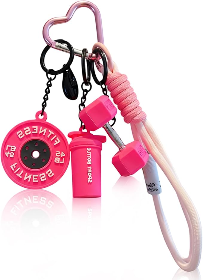 Dumbbell Keychain, Fitness Keychain, Workout Gifts for Women, Fitness Charm Set for Gym Bag Accessories, Mini Dumbbell Charm in Rose Pink