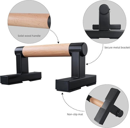 1 Pair Wooden Parallettes Push Up Bars for Men, Strength Training Pushup Stands Handles for Home Calisthenics, Fitness, Floor Workouts Bars Solid Wood with Metal Bracket - Support 600 lbs