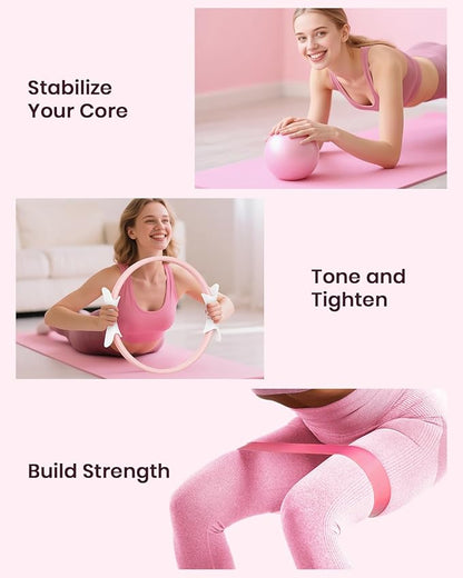 Pilates Ring Set for Women, Home Workout Pilates Equipment with Resistance Bands, 14'' Magic Circle, Mini Ball, Pilates Starter Kit for Strength, Toning and Flexibility