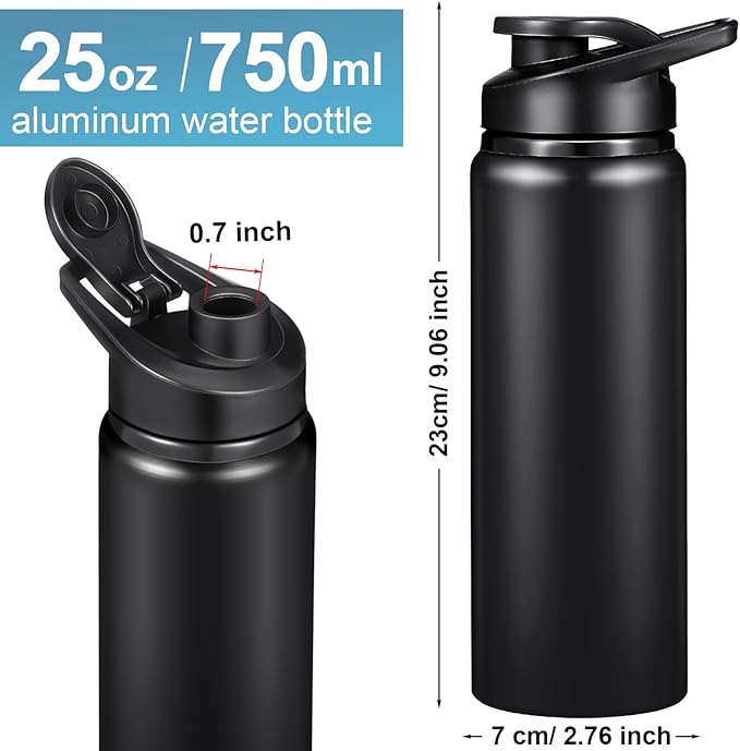 Chengu 10 Pcs 25oz Reusable Aluminum Water Bottle Bulk Lightweight Outdoor Sports Water Bottles Easy Carry Leak Proof for Travel Gym Camping Hiking Fishing, Snap Lid (Black)