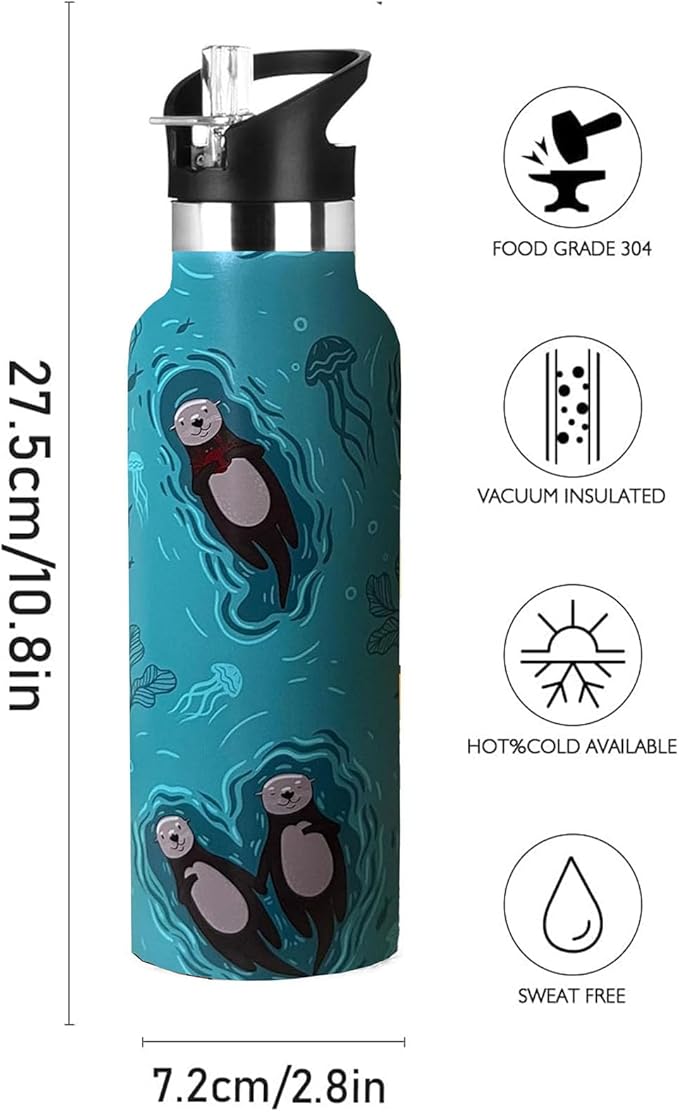 Sea Otter Sport Water Bottle with Straw, Vacuum Insulated Stainless Steel Drinking Travel Mug Cups For Gym Fitness Camping-20oz/600ml