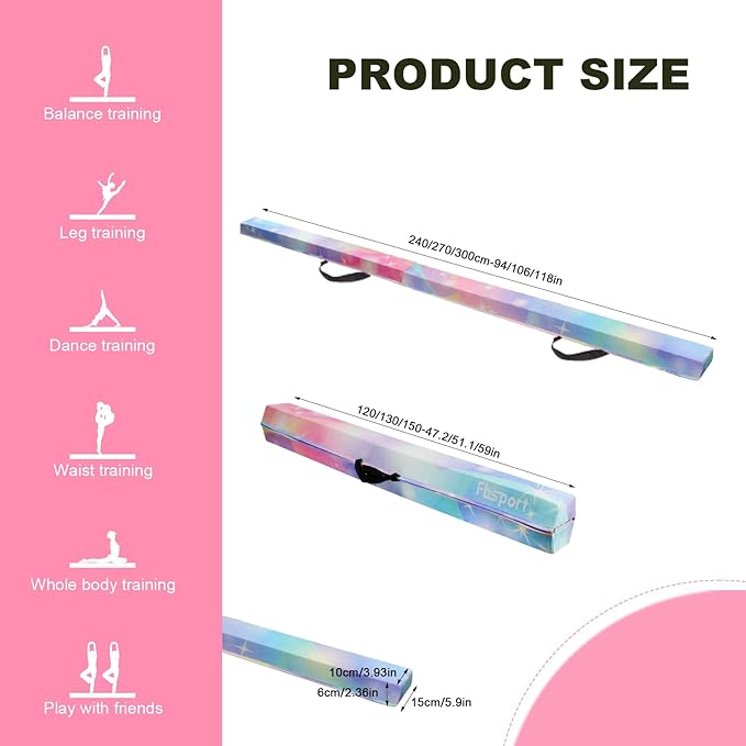 FBSPORT 8ft/9ft/9.5ft Balance Beam Folding Gymnastics Beam Foam Balance Floor Beam Equipment for Kids Adults, Suede Cover Anti Slip Base with Carry Bag for Home School Gym Training