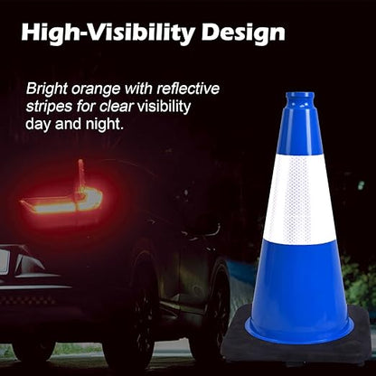 6 Pack 18 Inch Blue Traffic Cones with Reflective Stripes, Black Base Safety Cones for Parking Lots, Sports Events and Property Marking (6, Blue, 18 Inch)