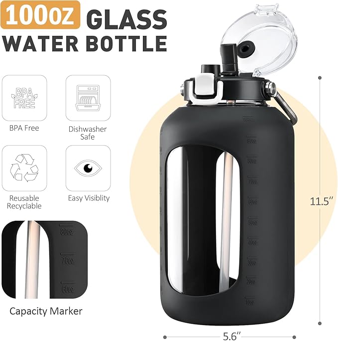 BLUEGO 100 oz Glass Water Bottle with Straw, Huge 3 Liter Water Bottle with Sturdy Handle, Glass Water Jug with Sleeve, Wide Mouth Water Container with Time Marker, Black