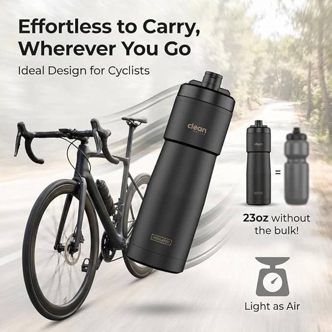 The Clean Hydration Co Insulated Bike Water Bottle 23 oz | Easy Clean Nozzle, Easy Squeeze Sports Bottle | BPA Free Cycling Bottle for Road & Mountain Biking, Gym & Travel | Matte Black