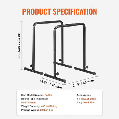 VEVOR Dip Bars, 440 lbs Capacity, Heave Duty Dip Stand Station with Adjustable Height, Fitness Workout Dip Bar Station Stabilizer Parallette Push Up Stand, Parallel Bars for Strength Training Home Gym