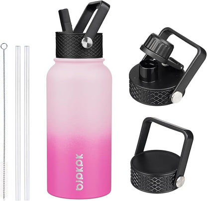 BJPKPK Insulated Water Bottles with Straw Lid, 27oz Stainless Steel Water Bottle with 3 Lids, Leak Proof BPA Free Metal Thermo, Mugs, Tumblers, Keep Cold Hot - Cherry