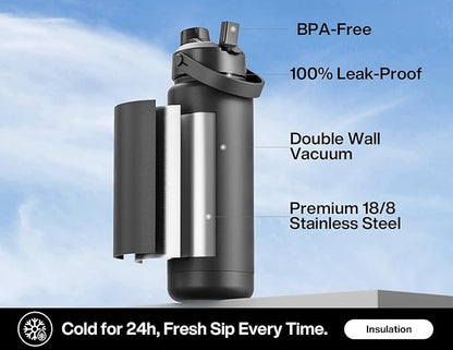 POWCAN 32 oz Insulated Water Bottle with 2-in-1 Straw and Spout Lid, Keep Cold 24H, Leak-Proof, BPA-Free, Double Wall Stainless Steel Water Bottle for Sports, Gym, Travel, and School (Dark Knight)
