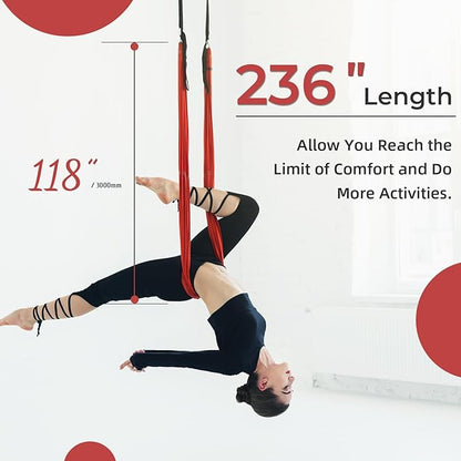 HECASA 6M Yoga Swing Silk Fabric Aerial Yoga Hammock Hanging Swing Kit w/Daisy Chain O-Ring Sling Inversion Workout Equipment Home Gym Set Indoor & Outdoor Red 6.56 Yards