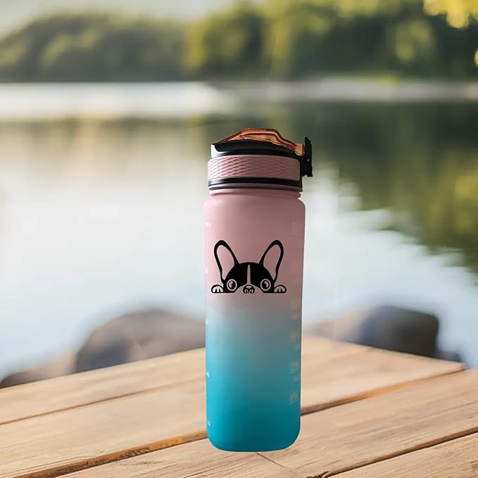 Boston Terrier 32 oz Water Bottle with Times Marker to Drink and Straw, Carrying Strap, Leakproof BPA-Free, Ensure You Drink Enough Water for Fitness Gym Camping Outdoor Sports