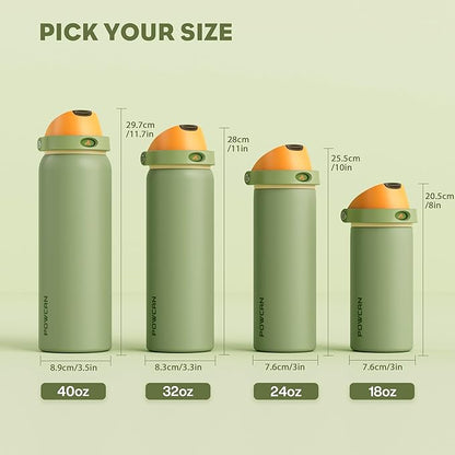 POWCAN 18 oz Metal Sports Water Bottle: 2-in-1 Push-Button Spout & Quick-Flip Straw, Leakproof, Cold 24 Hrs, Fits Car Cup Holder, Insulated Bottle for Hiking, Camping, School, Travel Gift (Olive Cool)