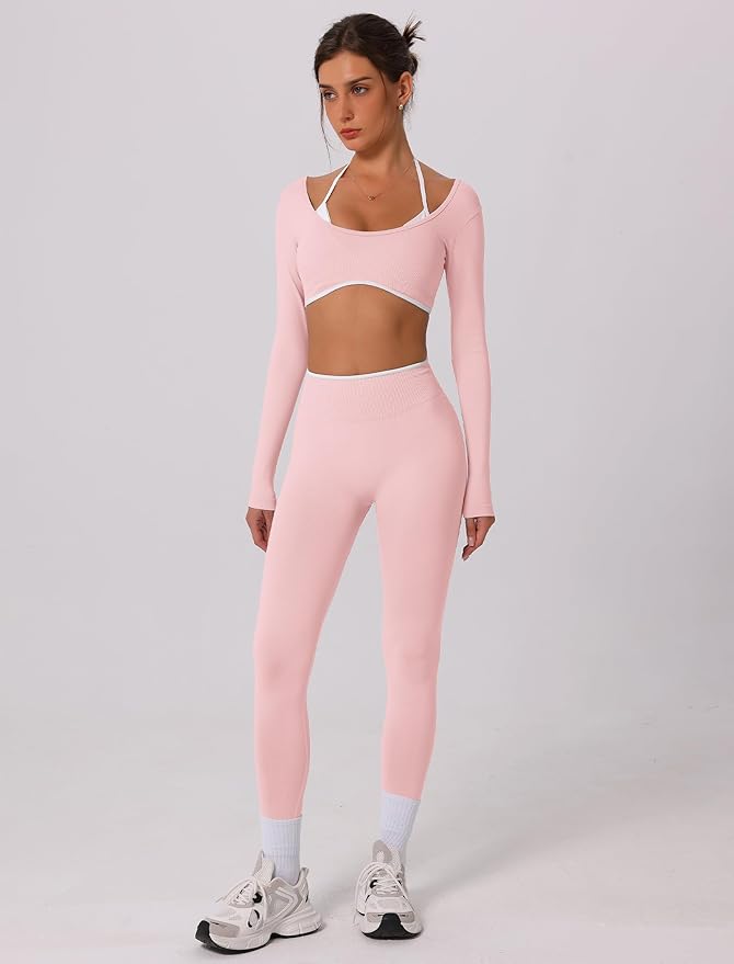 ABOCIW Workout Sets for Women Long Sleeve Crop Top Scrunch Butt Lifting High Waist Leggings 2 Piece Gym Yoga Outfits