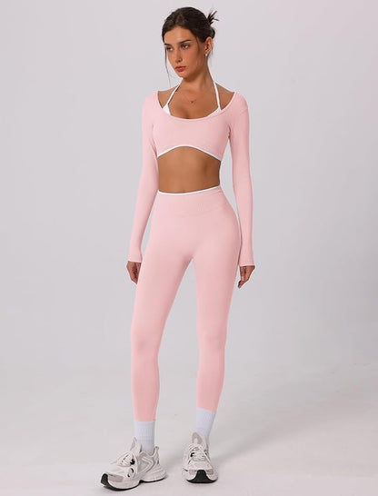 ABOCIW Workout Sets for Women Long Sleeve Crop Top Scrunch Butt Lifting High Waist Leggings 2 Piece Gym Yoga Outfits