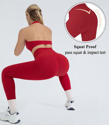 OMKAGI 2 Piece Workout Sets for Women Halter Sports Bras Gym Sets Booty Leggings Outfits