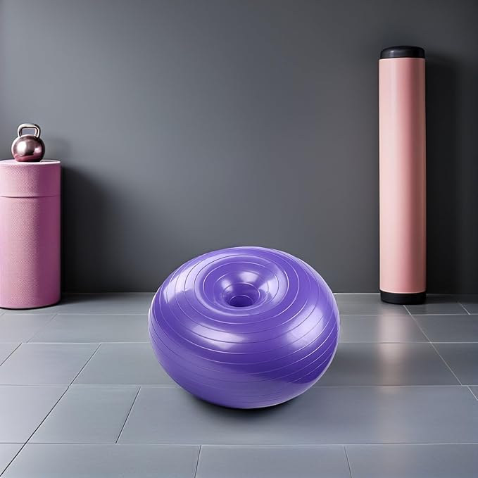 VOSAREA Inflatable Donut Yoga Ball with Air Pump, Thickened Durable Stability Ball for Core Training and Pregnancy Exercise, Purple Gym Balance Trainer for Home and Office
