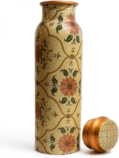 Pure Copper Water Bottle 34 Oz/1 Liter Natural Handmade Leak Proof Vessel For Drinking With Ayurvedic Health Benefits For Sports Fitness Yoga, Gym (IVORY PRINTED)