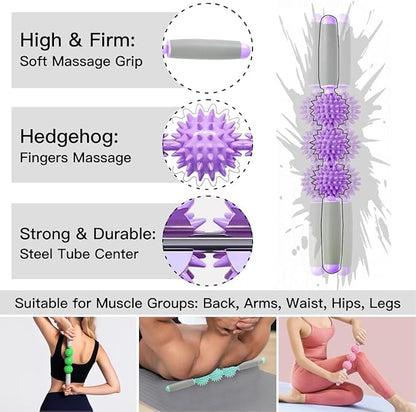 Fascia Muscle Roller, Cellulite Massager for Sore Muscles, Neck, Leg, Back, Pressure Trigger Point Body Deep Tissue Massage Stick Tools, 3 Massage Balls, Purple