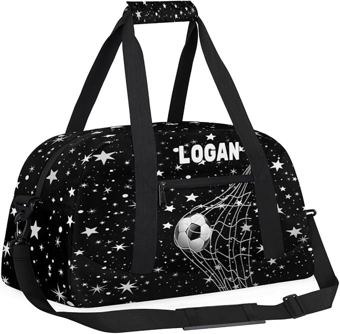 Personalized Gym Bag Soccer Sports Duffel Bag Kids Boys, Custom Name Weekender Gymnastics Training Bag for Men Traveling Business Trip, Soccer Goal Stars Pattern Black