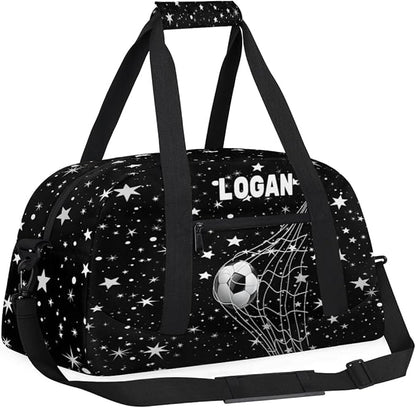 Personalized Gym Bag Soccer Sports Duffel Bag Kids Boys, Custom Name Weekender Gymnastics Training Bag for Men Traveling Business Trip, Soccer Goal Stars Pattern Black