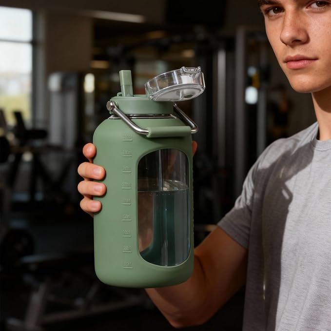 BLUEGO 100 oz Glass Water Bottle with Straw, Huge 3 Liter Water Bottle with Sturdy Handle, Glass Water Jug with Sleeve, Wide Mouth Water Container with Time Marker, Olive