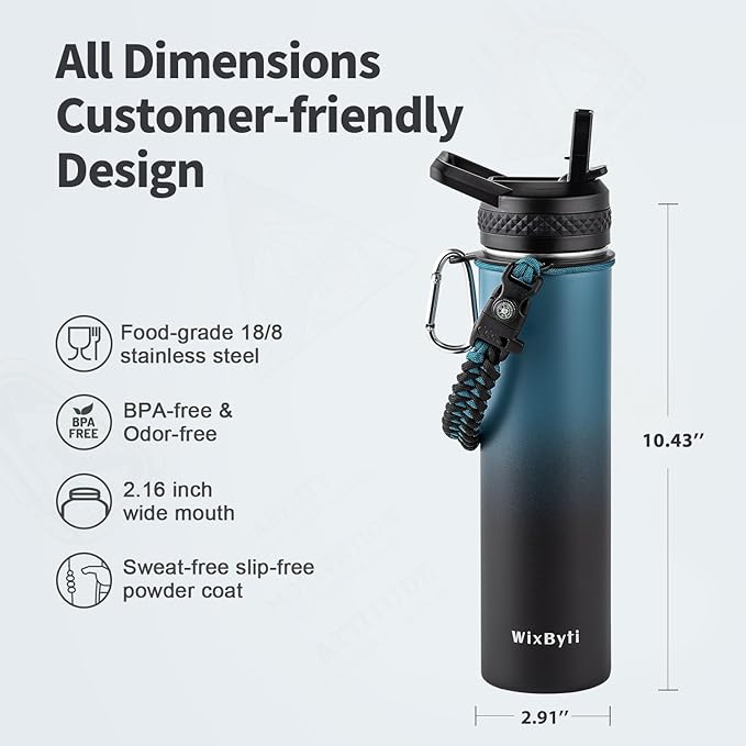 24 oz Insulated Water Bottle with Straw (Cold for 24 Hrs), Stainless Steel Triple Wall Vacuum Sports Water Jug, Leakproof Hydro Cup Flask with Paracord Handle & Straw Spout Lids & DIY Stickers