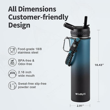 24 oz Insulated Water Bottle with Straw (Cold for 24 Hrs), Stainless Steel Triple Wall Vacuum Sports Water Jug, Leakproof Hydro Cup Flask with Paracord Handle & Straw Spout Lids & DIY Stickers