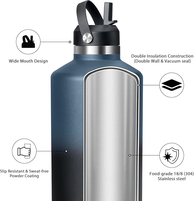 Gallon Water Bottle,128oz Stainless Steel Water Bottles Insulated,Double Wall & Leak Proof, Travel,Football,Gym,Camping Essentials,Keep Cold All Day,Indigo Black Gradient