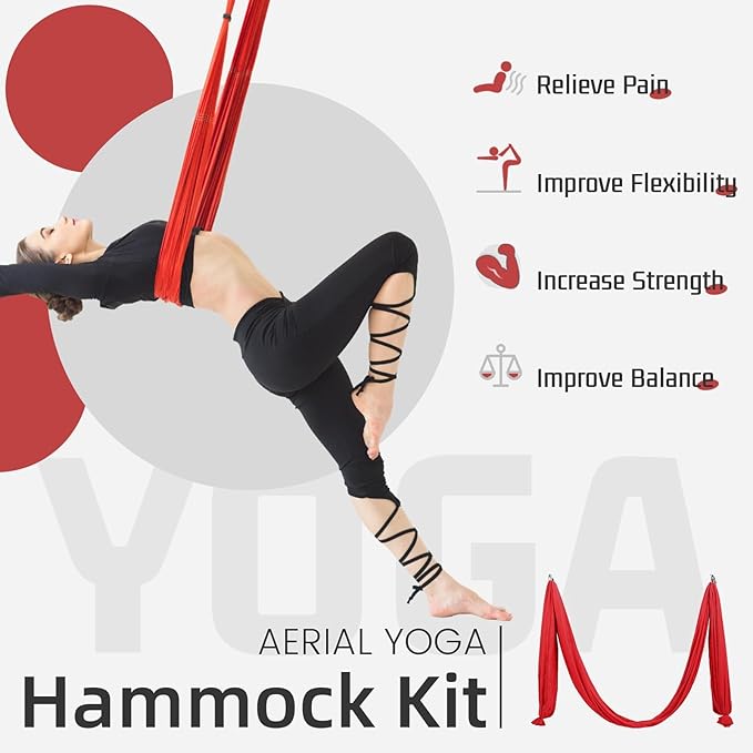HECASA 6M Yoga Swing Silk Fabric Aerial Yoga Hammock Hanging Swing Kit w/Daisy Chain O-Ring Sling Inversion Workout Equipment Home Gym Set Indoor & Outdoor Red 6.56 Yards