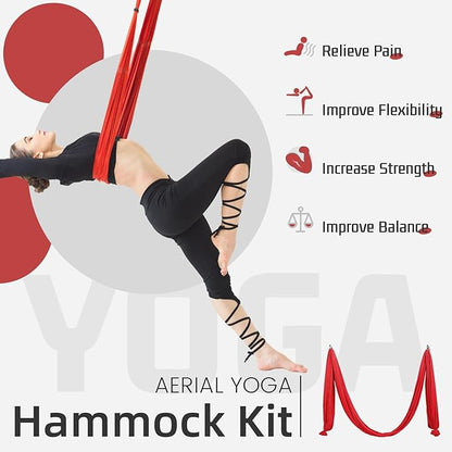 HECASA 6M Yoga Swing Silk Fabric Aerial Yoga Hammock Hanging Swing Kit w/Daisy Chain O-Ring Sling Inversion Workout Equipment Home Gym Set Indoor & Outdoor Red 6.56 Yards
