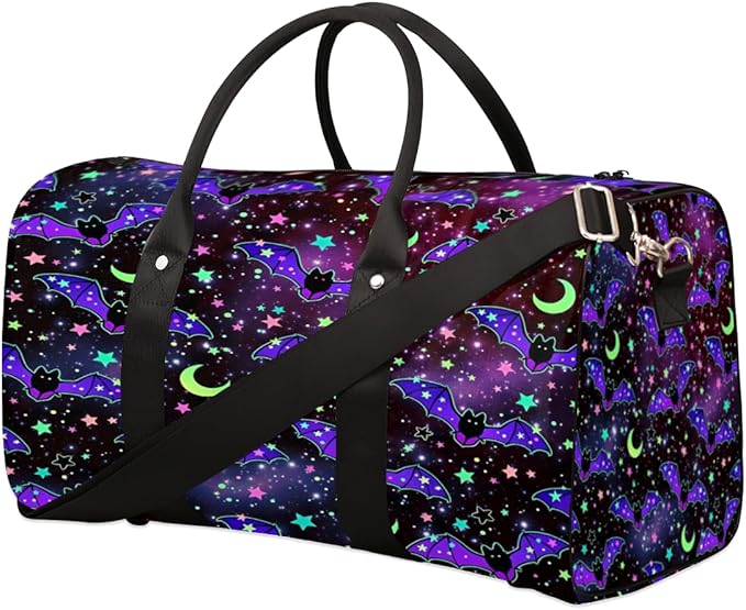 Travel Duffel Bag Bat Galaxy Moon Flower Sport Tote Gym Bag Waterproof Foldable Carryon Weekend Overnight Training Handbag Sports Duffle Bags for Women Men Boys Girls