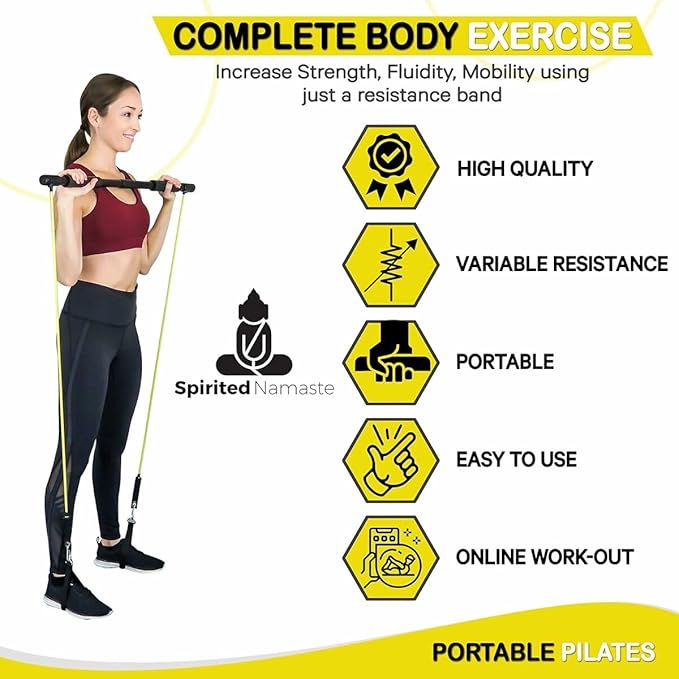 Spirited Namaste-Pilates Bar Home Gym Workout Equipment Kit with Resistance Bands| Portable Exercise Fitness Bar/Stick for Women and Men | 20,30, & 40 lb Pilate Toning Adjustable Squat & Body Band
