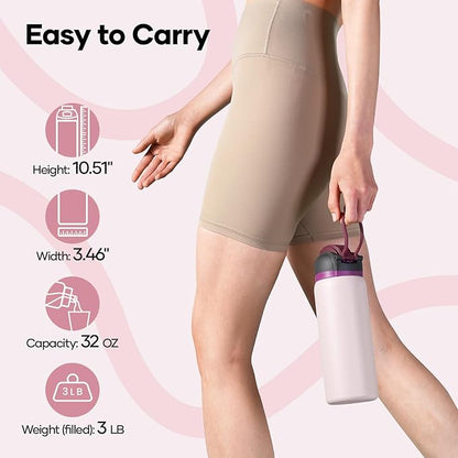 BUZIO 32oz Metal Water Bottle with Chug Lid, Insulated Flask with Leakproof Locking Lid for Sports Travel Gym Work, BPA-Free, Carry Loop, Dishwasher Safe, Best Holiday Gift for man/women, Light Pink