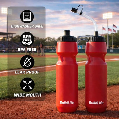 BuildLife 2 Pack Sports Water Bottle - Hockey Water Bottle with Long Straw and 2 lids (Straw and Squeeze) for Helmet Sports Hockey, Lacrosse, Football, Boxing, BPA Free,Dishwash Safe (Red)