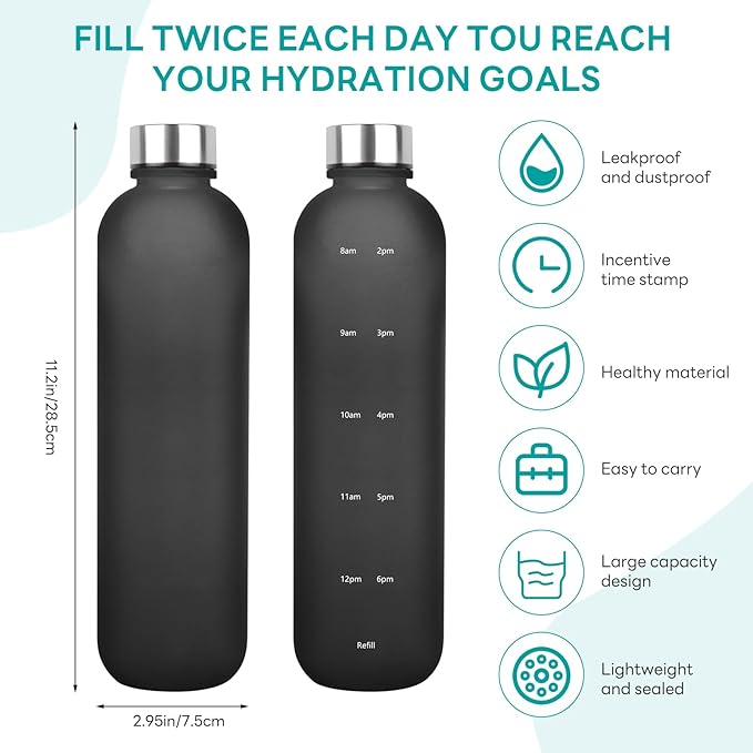 Water Bottle 32 oz, Frosted Style Sports Water Bottles BPA Free Water Bottle With Time Marker,Small mouth Leakproof Water Bottles with Strap for Gym Fitness Hiking Bike Camping (Black)