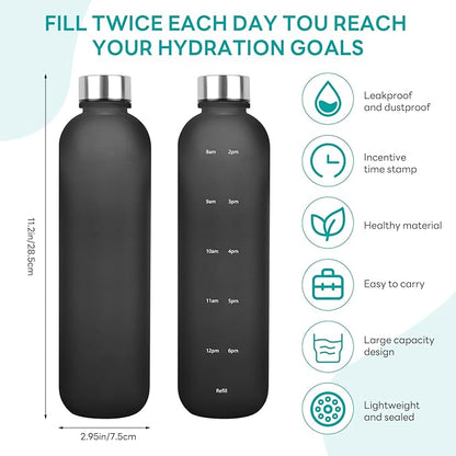 Water Bottle 32 oz, Frosted Style Sports Water Bottles BPA Free Water Bottle With Time Marker,Small mouth Leakproof Water Bottles with Strap for Gym Fitness Hiking Bike Camping (Black)