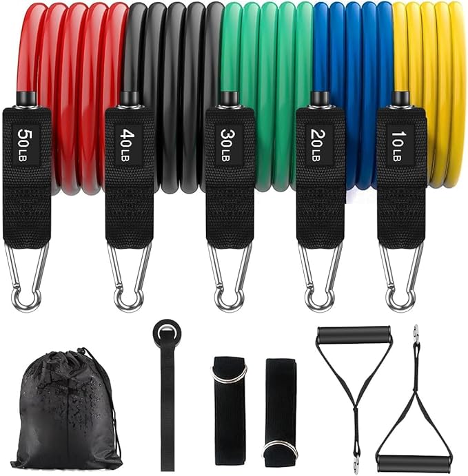 Resistance Bands Set 10–50 LB, Exercise Bands Kit for Men & Women, Full Body Workout with Handles, Door Anchor, Ankle Straps & Carry Bag, Home Gym Training