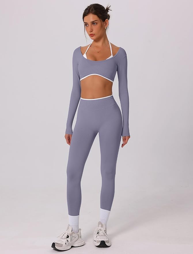ABOCIW Workout Sets for Women Long Sleeve Crop Top Scrunch Butt Lifting High Waist Leggings 2 Piece Gym Yoga Outfits
