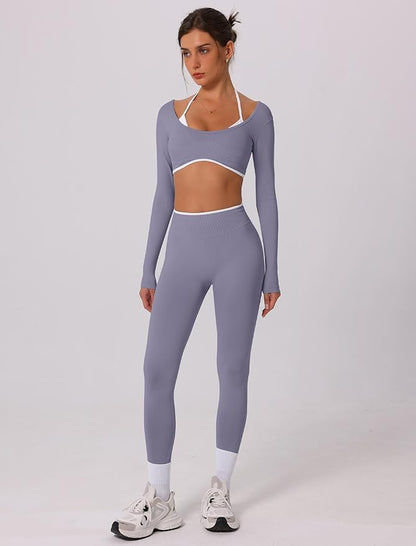 ABOCIW Workout Sets for Women Long Sleeve Crop Top Scrunch Butt Lifting High Waist Leggings 2 Piece Gym Yoga Outfits